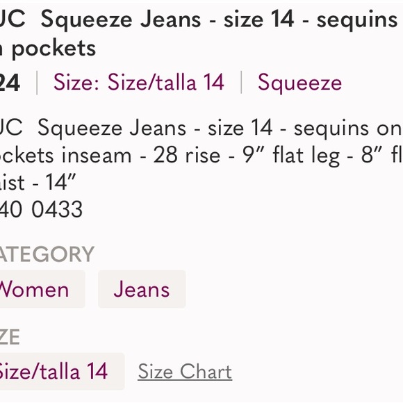 Excellent Preowned Condition Squeeze Jeans Size 14 Very Cute design pockets. - Picture 6 of 6